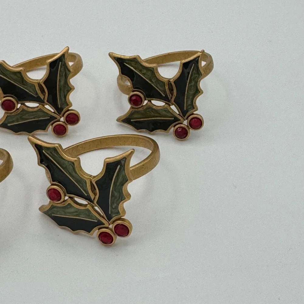 Vintage Christmas Holly Napkin Rings Set of 7 Gold Tone Enamel Red Rhinestone
